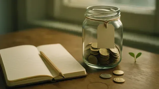 Caiet cu creion și borcan cu etichetă, tabel de economisire