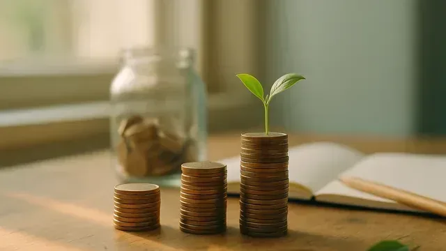 Monede și un firicel verde care crește, dobândă pe cont de economii
